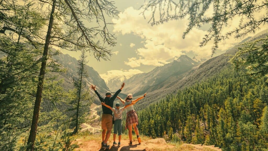 Family hiking mountain view.