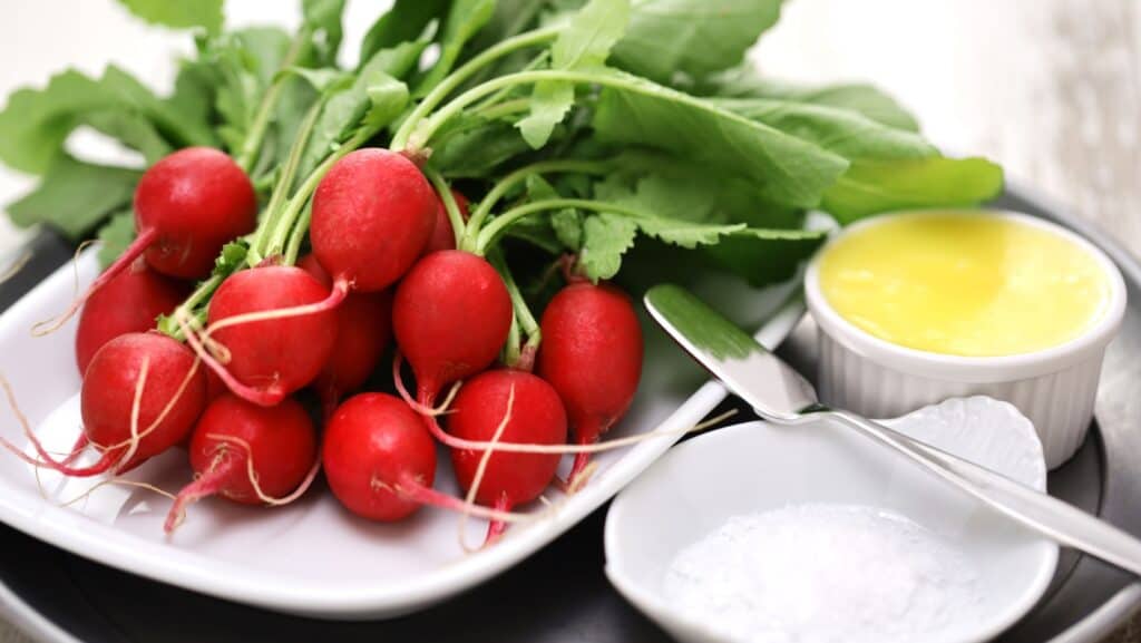 Radishes, butter, salt.