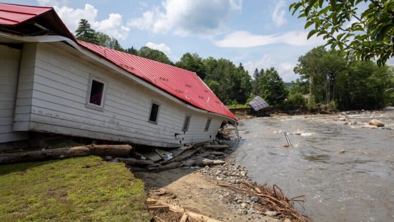 Hardwick, Vermont, USA - July 12 2023: Flooding destroyed a motel on the Lamoille River.