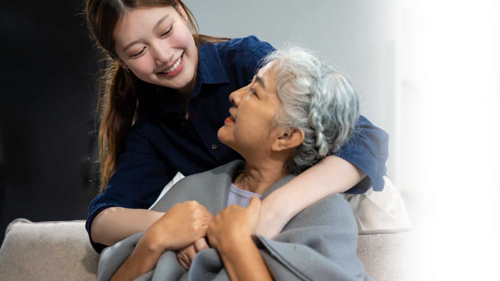 adult child with senior elder parent.