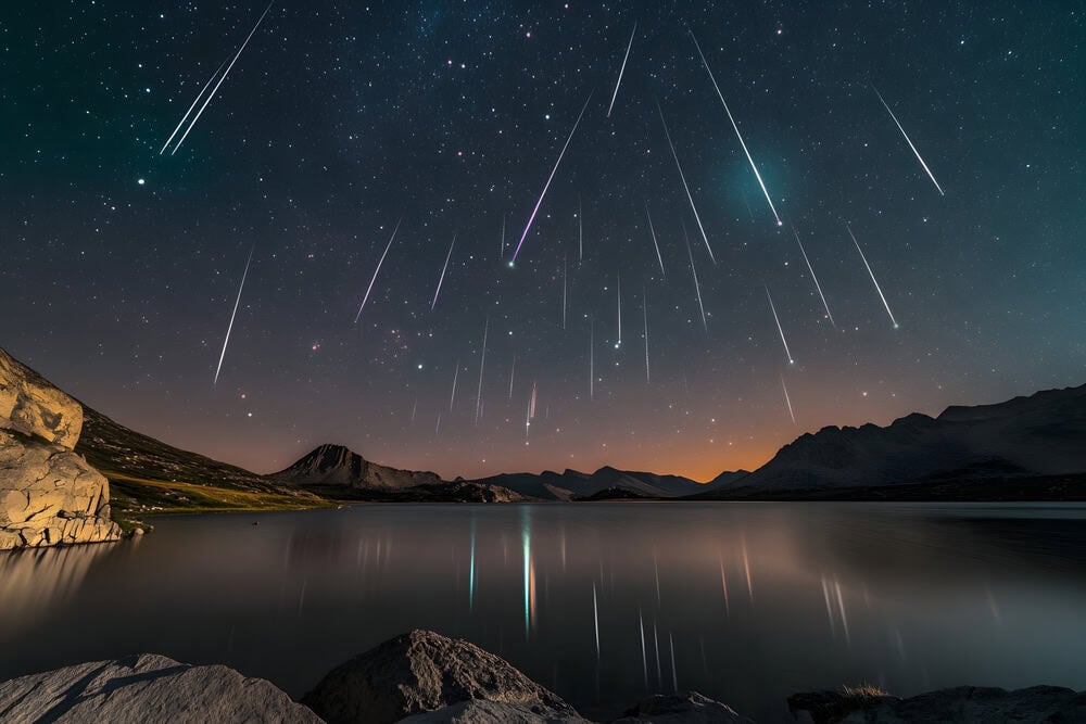 Perseids meteor Shower and the Milky Way silhouette in the foreground. Perseid Meteor Shower observation. Night sky nature summer landscape. Colorful shooting stars