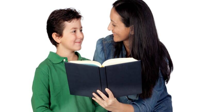 Mom reading with son.
