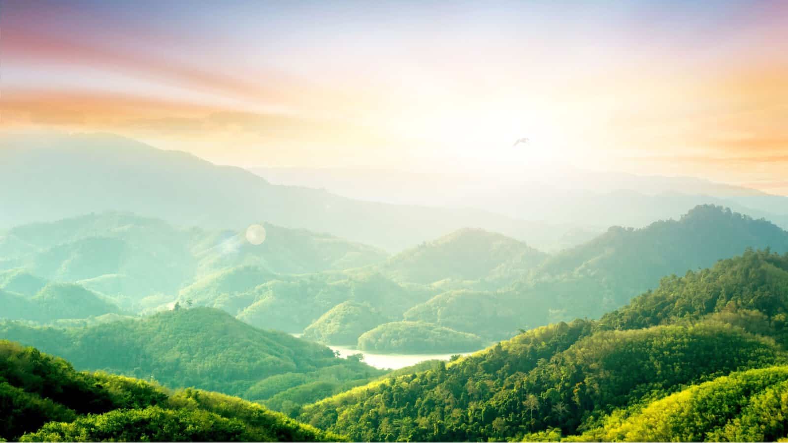 river and mountains.