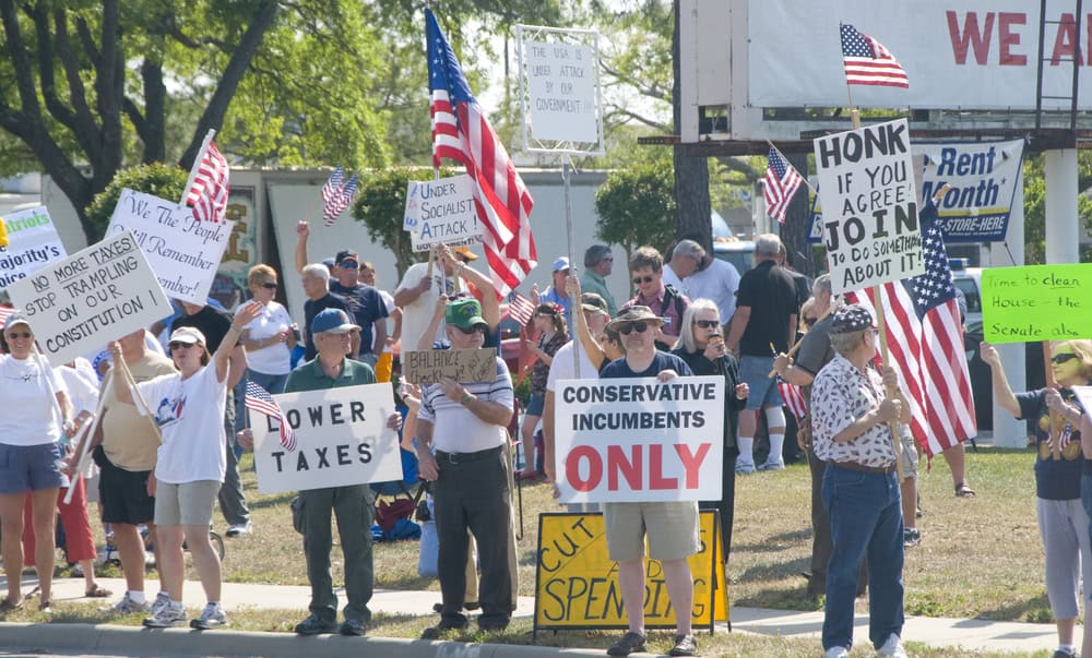 PENSACOLA - APRIL 15:  An estimated 1000 tax day Tea Party protesters peacefully assembled to voice their concern over government spending on April 15, 2010 in Pensacola, Florida.