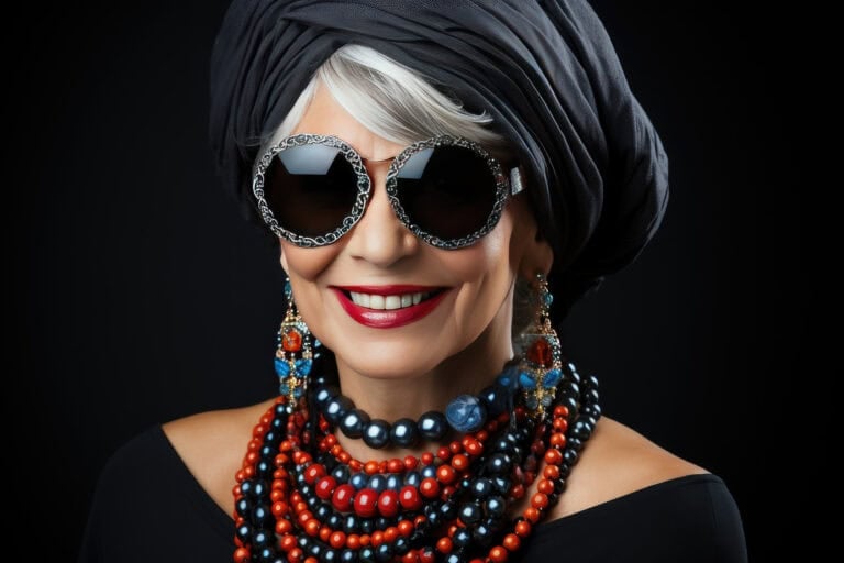 A beautiful elderly woman with a turban on her head, wearing sunglasses and beads