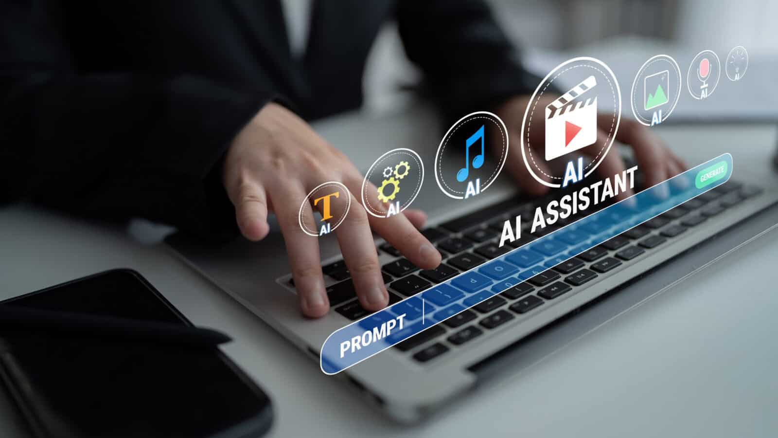 Hands on Laptop with AI Assistant Interface Displaying Icons for Music, Video, and Text Editing, Modern Technology and Digital Innovation, Working Environment.