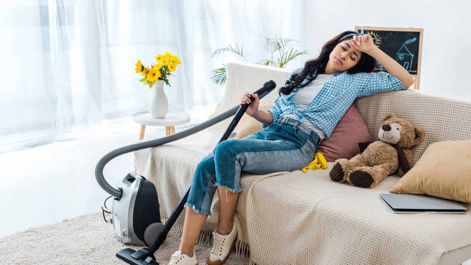 A Woman Resting While Doing House chores