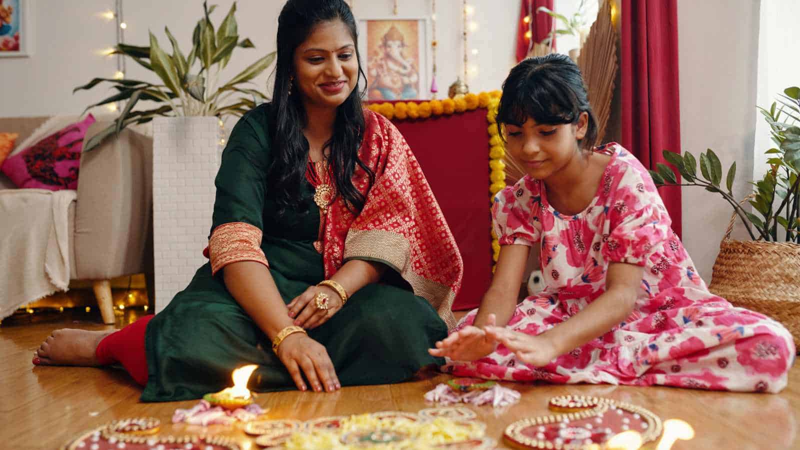 Woman and child engaging in cultural activities