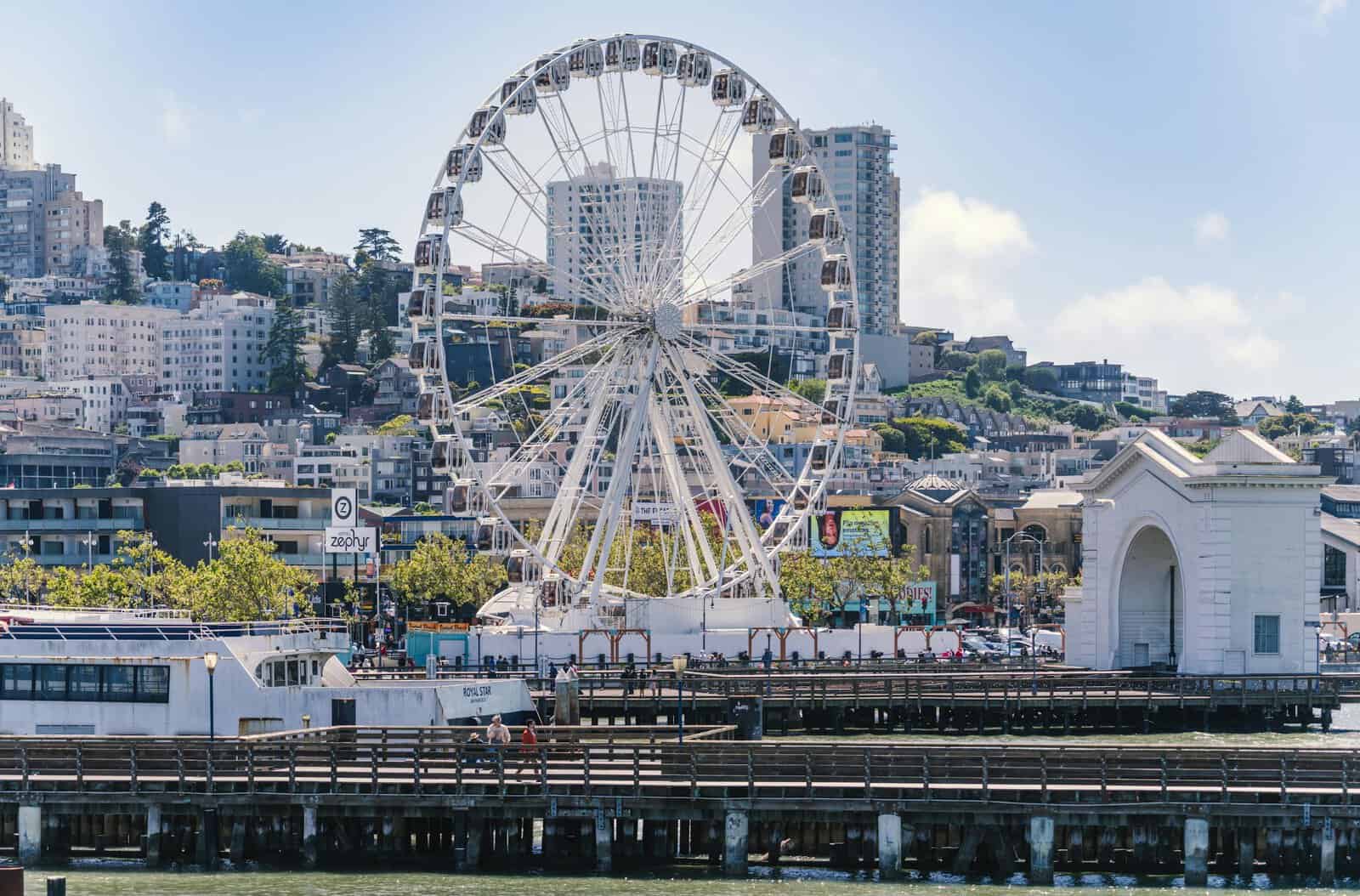 A vibrant image of a Ferris wheel at Pier 39 in San Francisco on a clear day.