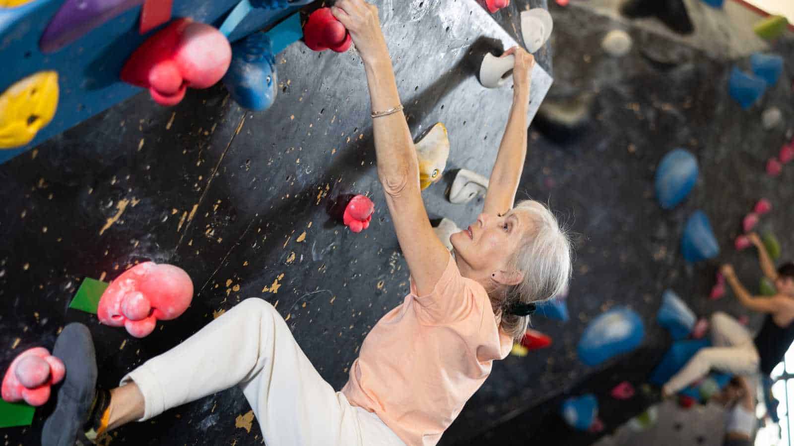 Old woman doing risky hobbies