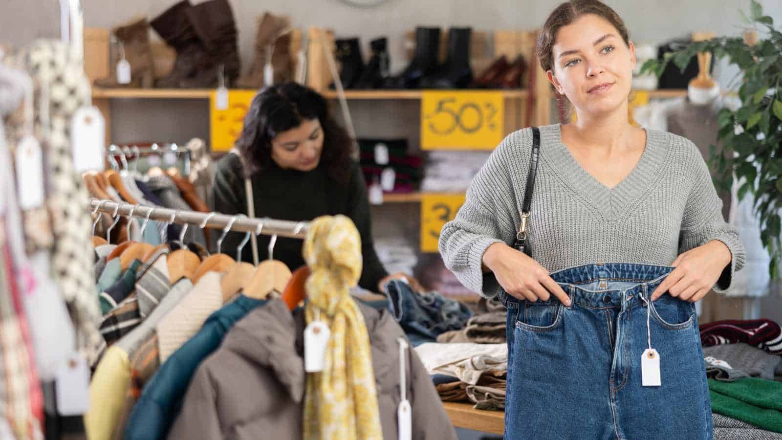 Woman checking cheap jeans
