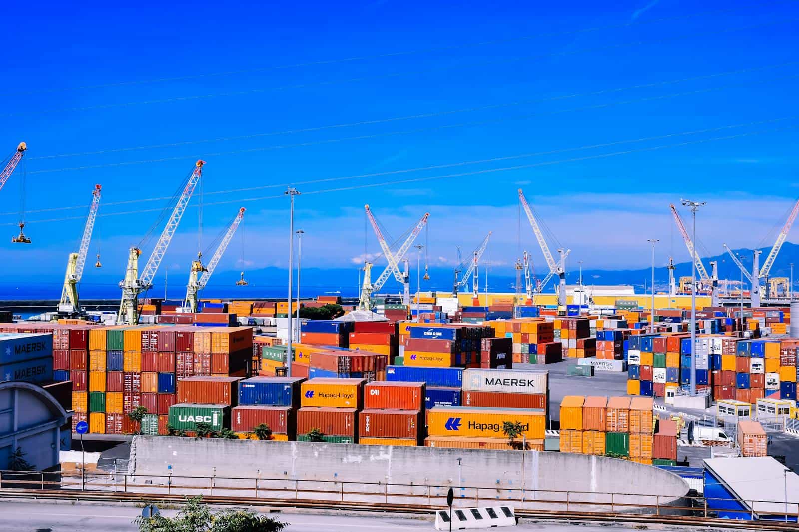A bustling shipping port with colorful stacked containers and numerous cranes under a clear blue sky. International Trade Ports