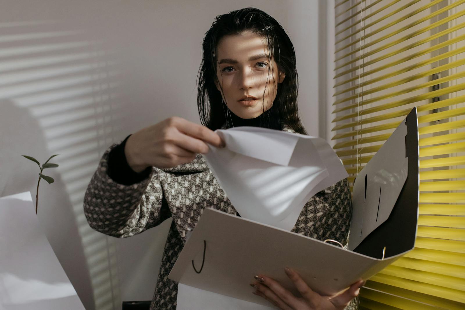 A woman is sorting papers in a modern office, with light filtering through blinds.