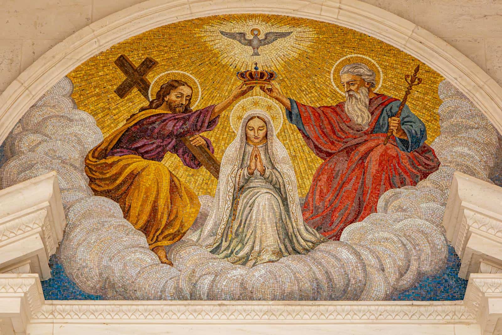 Detailed mosaic of the Holy Trinity at Fátima Sanctuary, Santarém, Portugal.