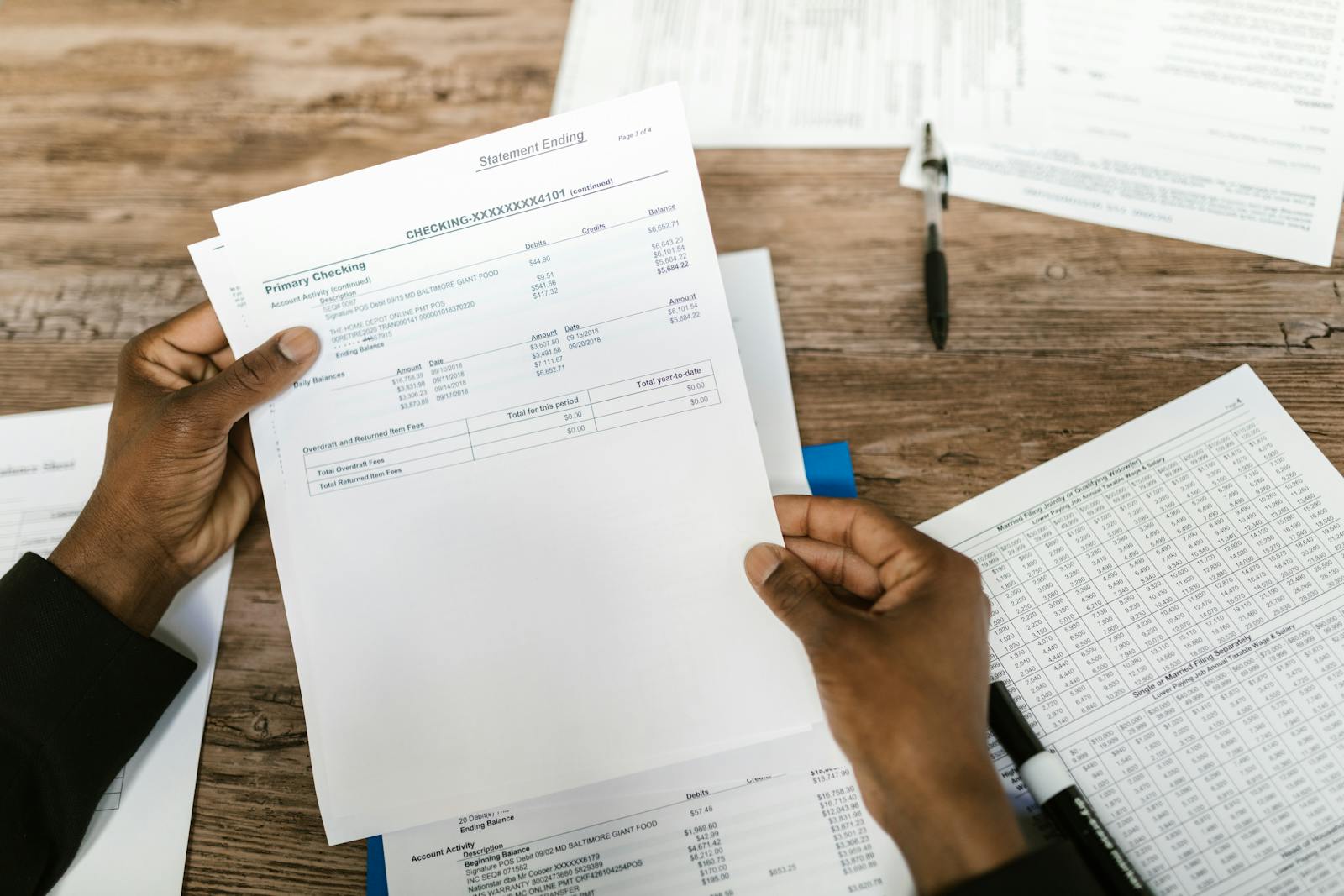 Hands holding financial papers for tax preparation and analysis. Checking Accounts