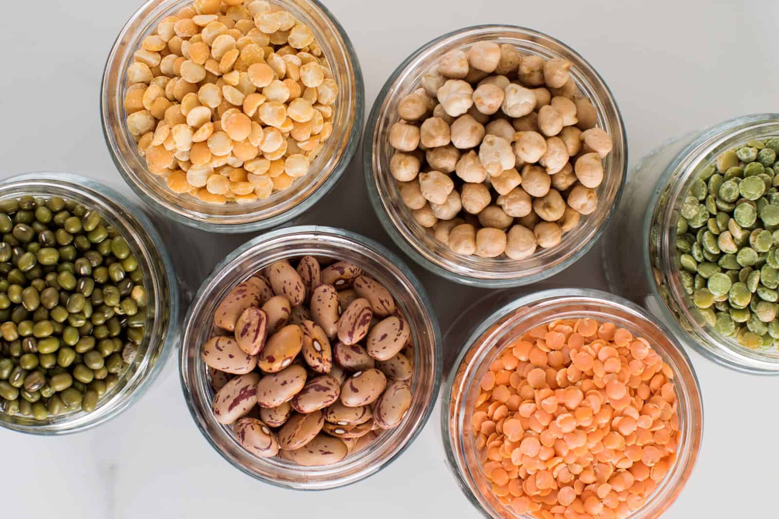 Legumes in glass jars top view
