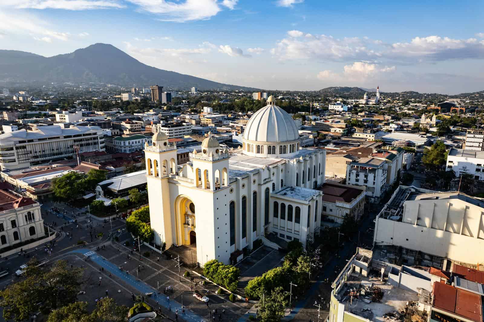 Stunning aerial view of San Salvador Cathedral with cityscape in the background.