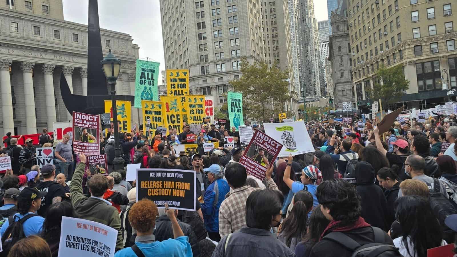 Rally at Foley Square and march today to protest the ICE shooting of Oscar Belgal in NYC.- Photo credit Irwin Kroot